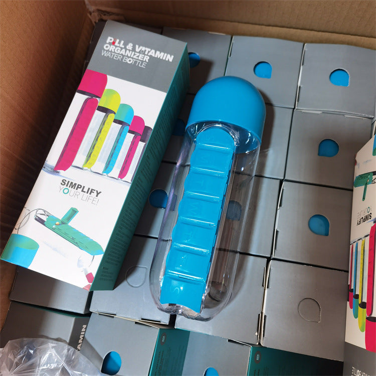 Fľaša na vodu, dva v jednom, 7-dňová krabička na tabletky, 7 mriežok, vonkajšia, prenosná, multifunkčná