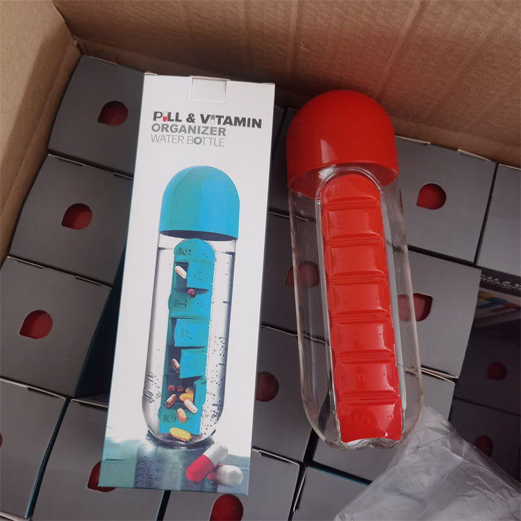 Fľaša na vodu, dva v jednom, 7-dňová krabička na tabletky, 7 mriežok, vonkajšia, prenosná, multifunkčná