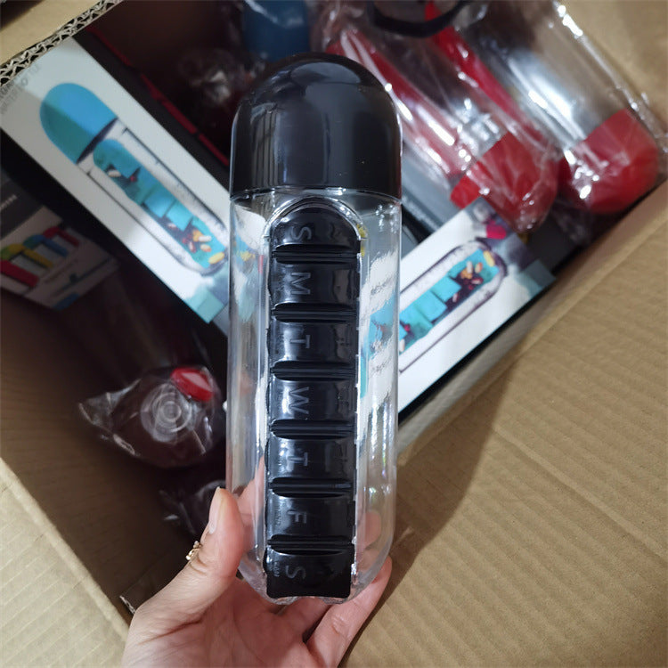 Fľaša na vodu, dva v jednom, 7-dňová krabička na tabletky, 7 mriežok, vonkajšia, prenosná, multifunkčná