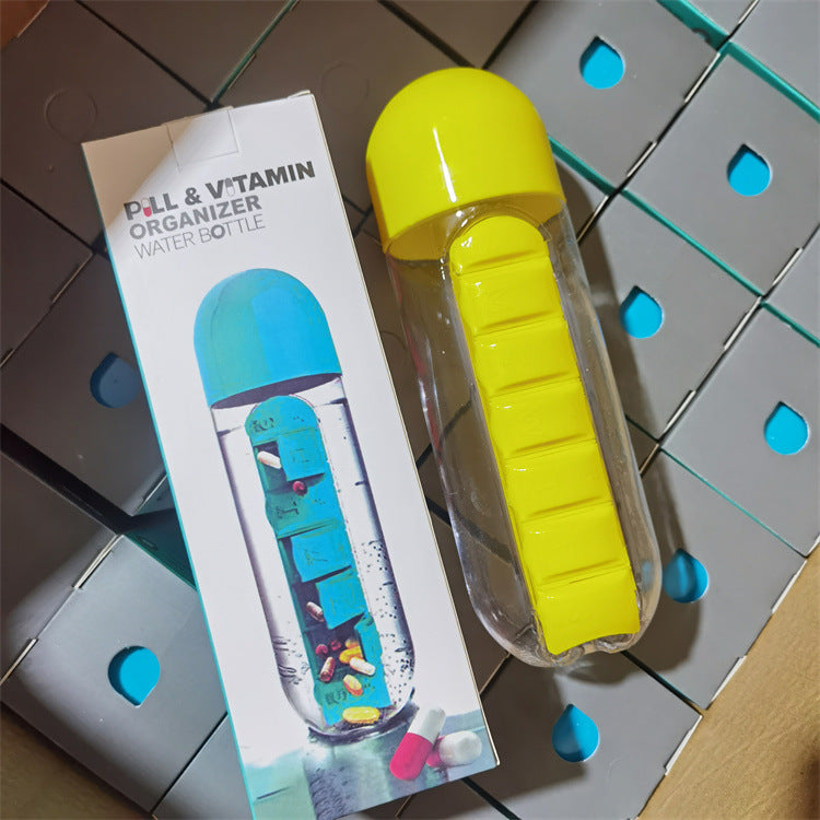 Fľaša na vodu, dva v jednom, 7-dňová krabička na tabletky, 7 mriežok, vonkajšia, prenosná, multifunkčná