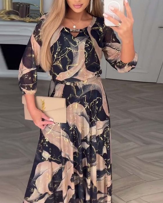Elegantné šifónové šaty s potlačou a trojštvrťovými rukávmi