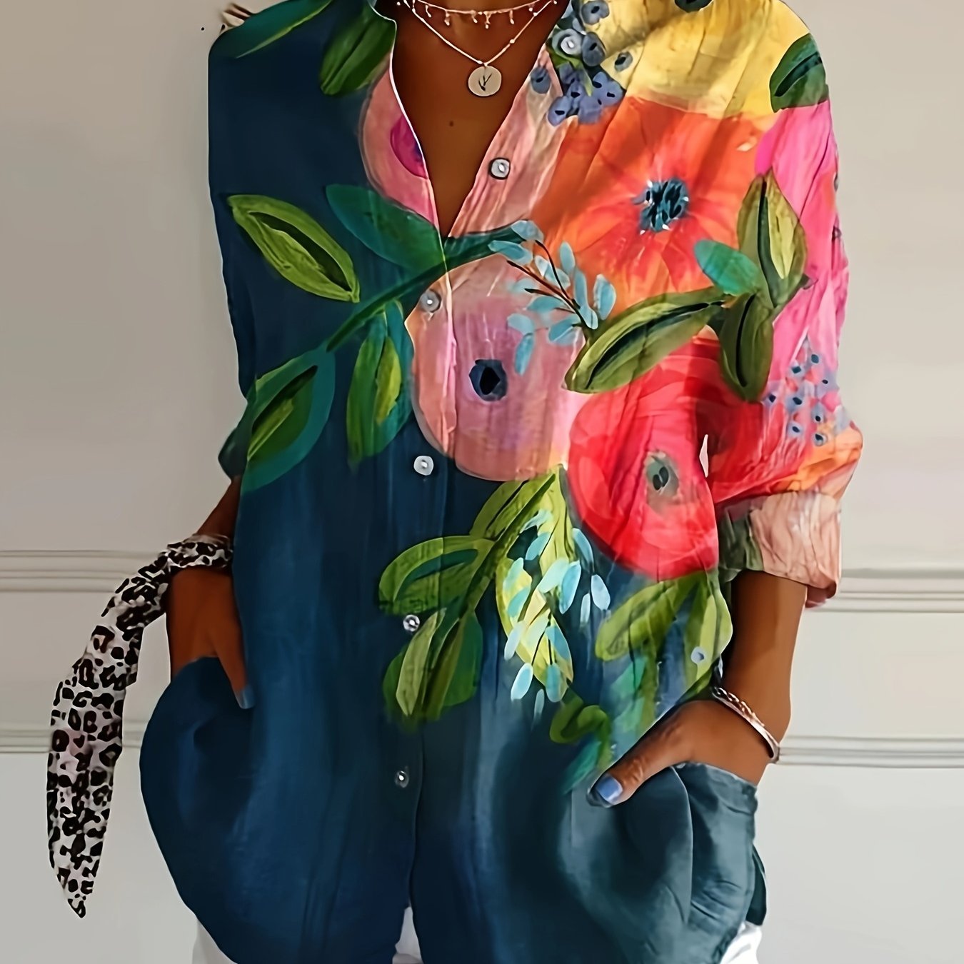 Women's Casual Floral Print Lapel Shirt