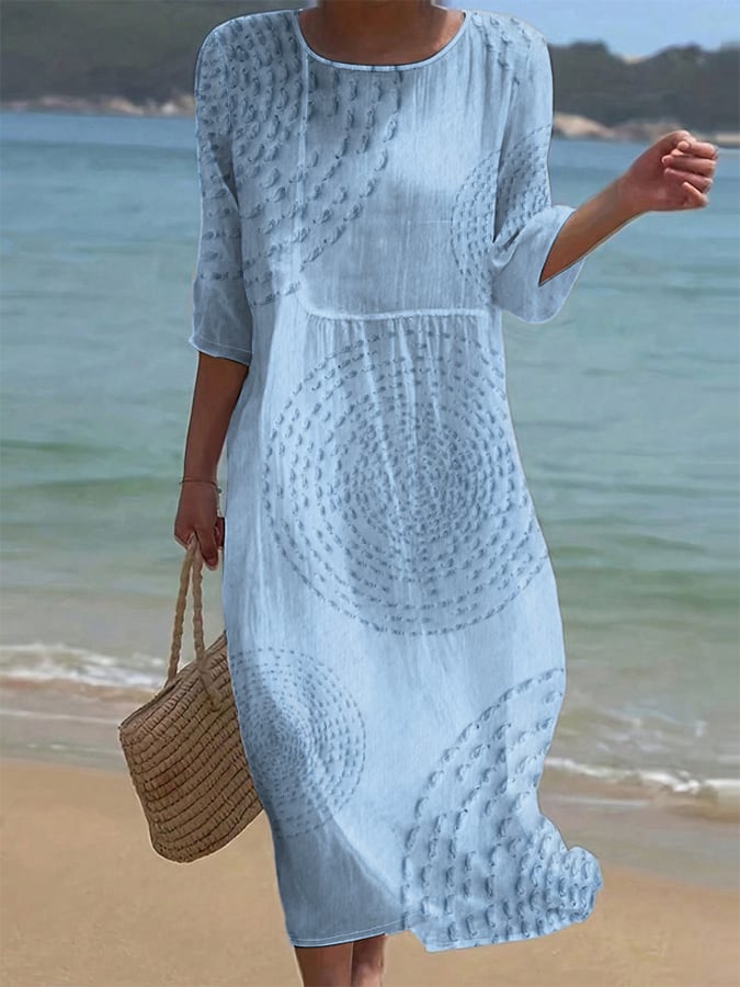 Women's Casual Solid Color Round Neck Mid Sleeve Floral Print Cotton and Linen Dress