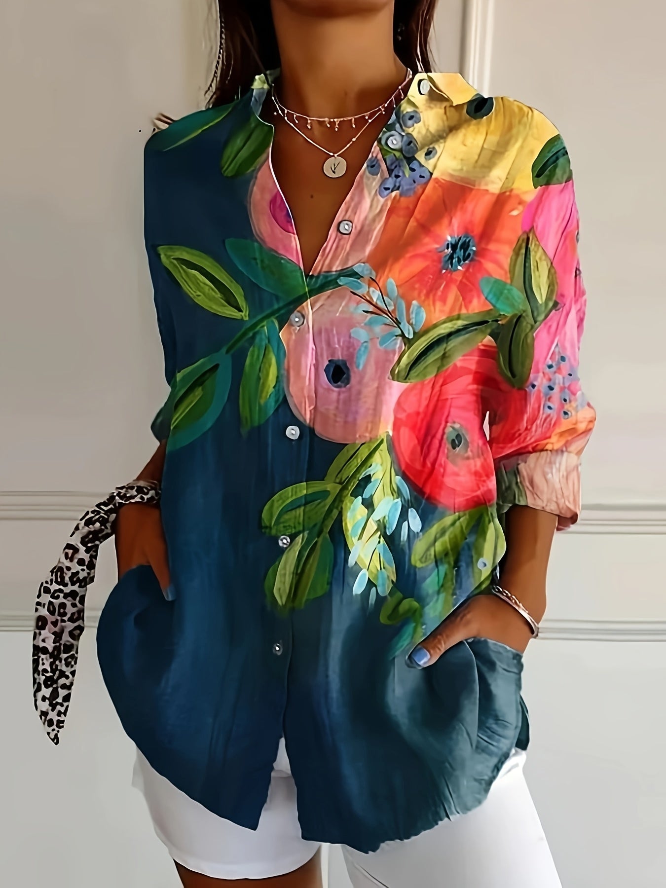 Women's Casual Floral Print Lapel Shirt