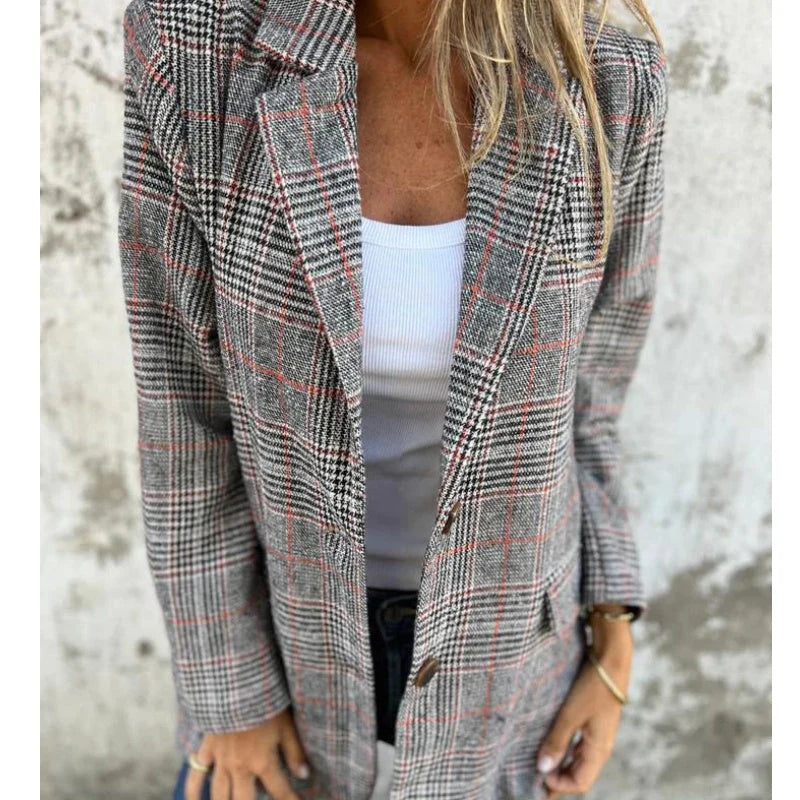 💃Jesenný malý dámsky oblek s klopovým golierom a kockovanými gombíkmi