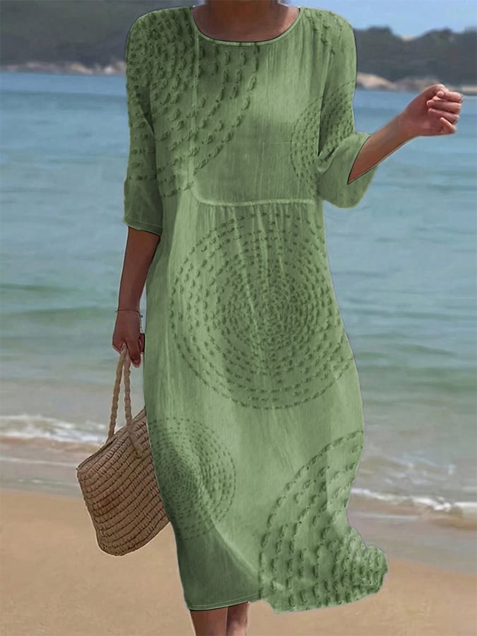 Women's Casual Solid Color Round Neck Mid Sleeve Floral Print Cotton and Linen Dress