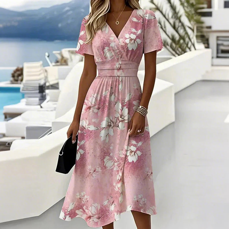 👗Sukienka midi z dekoltem w szpic i nadrukiem Moda Damska💫