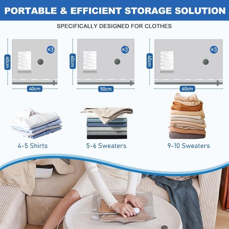 ✨LAST DAY ONLY 49% OFF🔥9 Pack Lightweight Travel Bags with USB Electric Pump | Compact Vacuum Storage Bags for Clothes | Space Saver Compression Bags for Travel