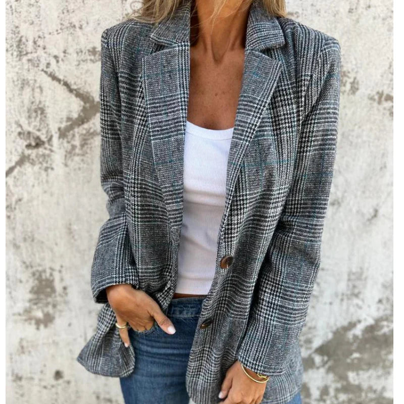 💃Jesenný malý dámsky oblek s klopovým golierom a kockovanými gombíkmi