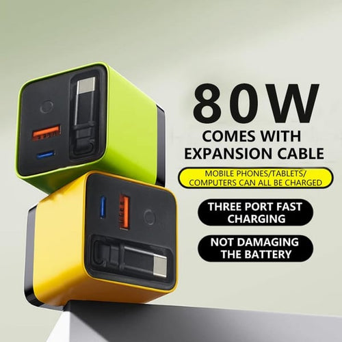 3 v 1 GaN nabíjačka, škálovateľný modul rýchlej nabíjačky s maximálnym výkonom 80 W s káblom typu C a 2 USB portami