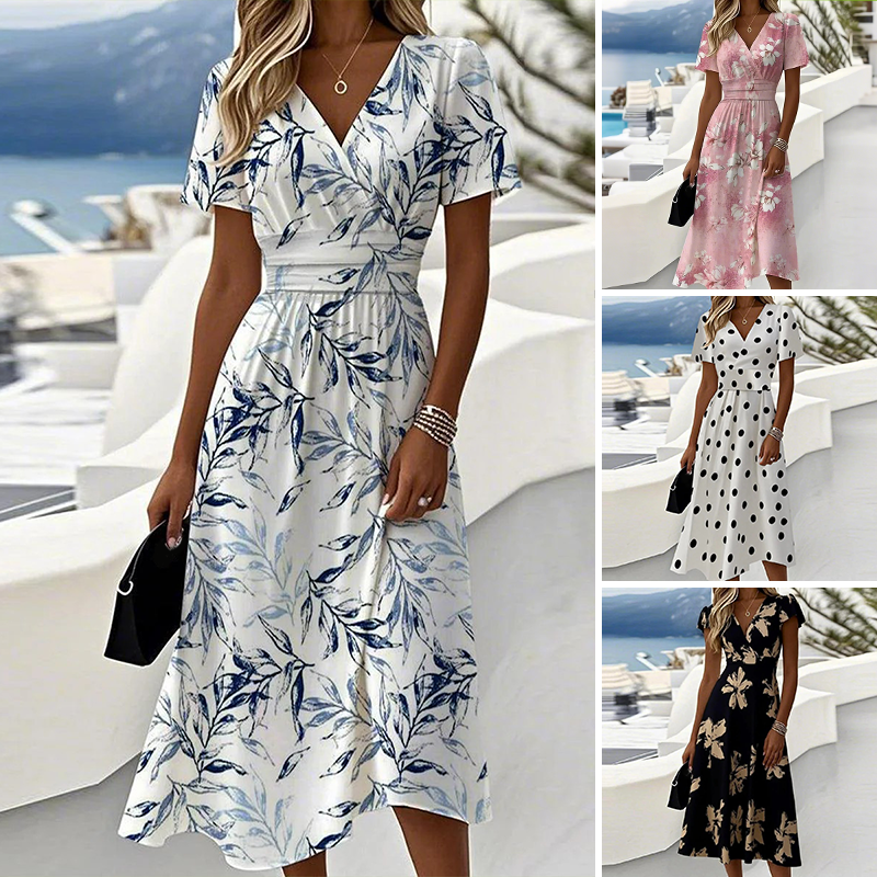 👗Sukienka midi z dekoltem w szpic i nadrukiem Moda Damska💫